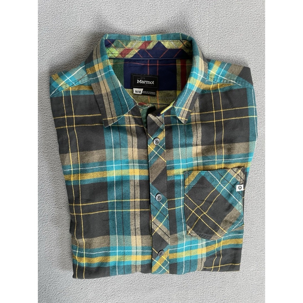 Marmot Button Up Shirt Mens Medium M Long Sleeve Brown/ Lt Blue Plaid